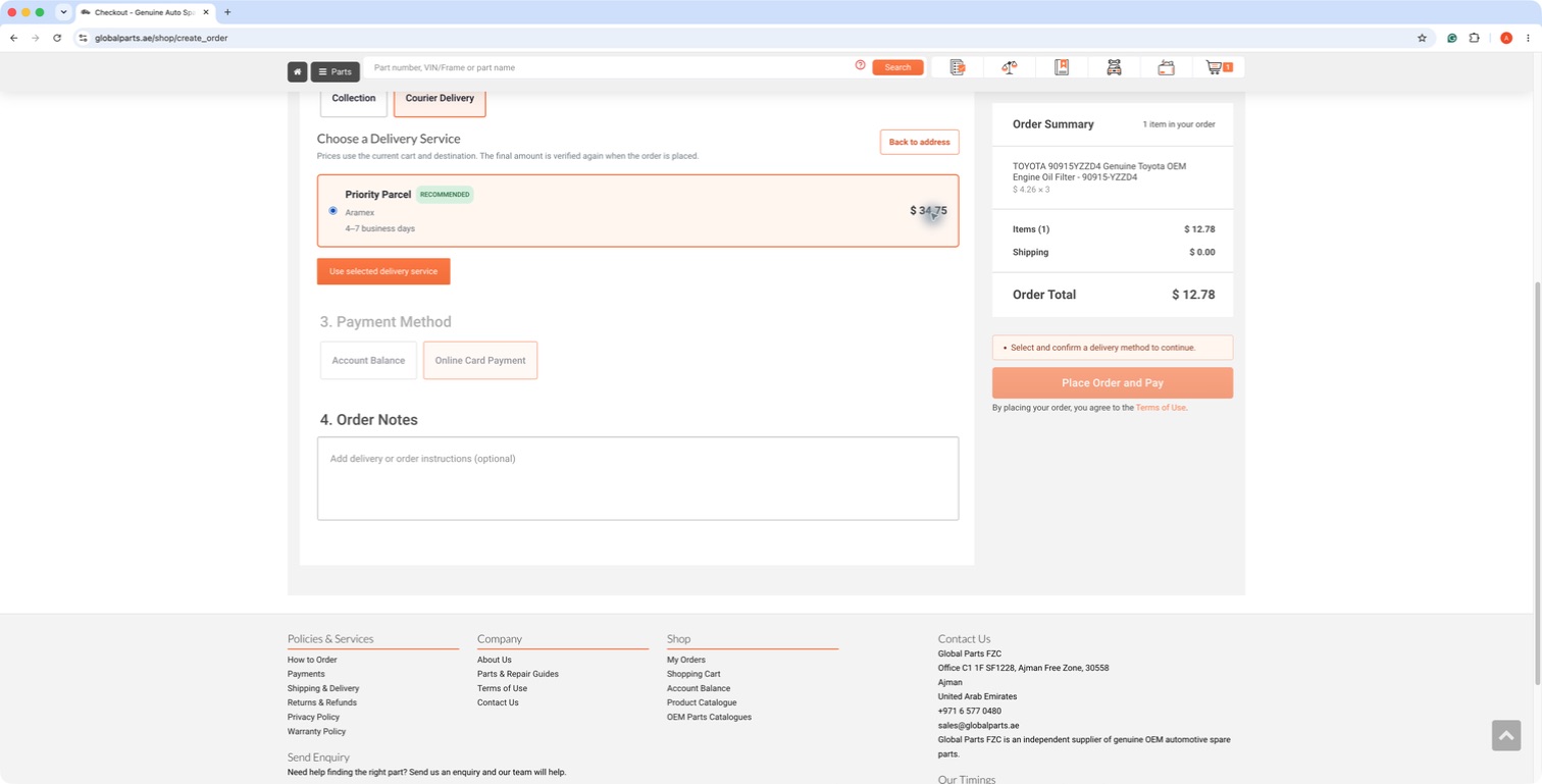 Delivery service showing carrier, delivery time and shipping price