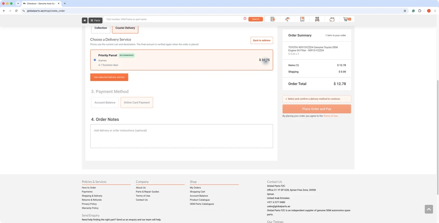 Delivery service showing carrier, delivery time and shipping price