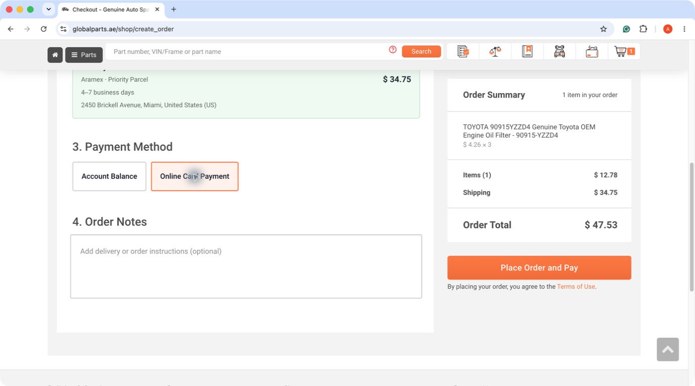 Online Card Payment selected in checkout